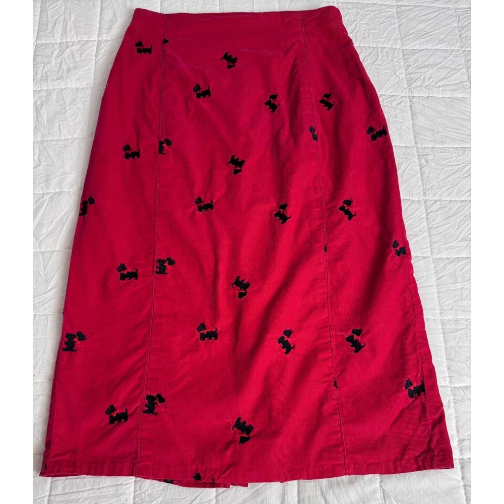 Vintage Style Red Corduroy Scottie Dog Embroidered Midi Skirt High Waist 26-Sm